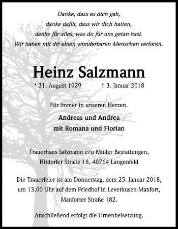 Anzeige von Heinz Salzmann von Kölner Stadt-Anzeiger / Kölnische Rundschau / Express