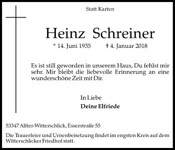 Anzeige von Heinz Schreiner von Kölner Stadt-Anzeiger / Kölnische Rundschau / Express