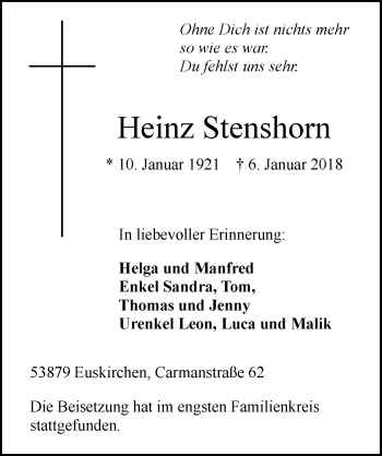 Anzeige von Heinz Stenshorn von  Blickpunkt Euskirchen 
