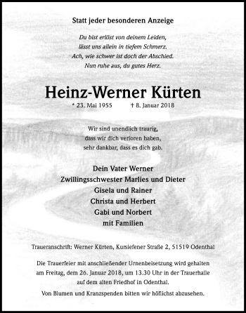 Anzeige von Heinz-Werner Kürten von Kölner Stadt-Anzeiger / Kölnische Rundschau / Express