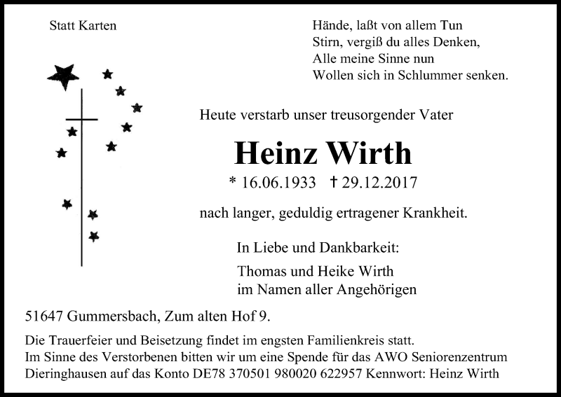  Traueranzeige für Heinz Wirth vom 06.01.2018 aus Kölner Stadt-Anzeiger / Kölnische Rundschau / Express