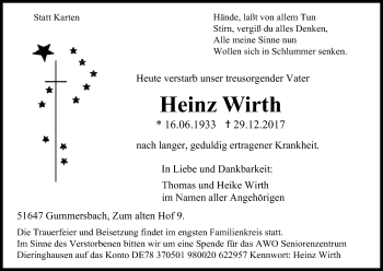 Anzeige von Heinz Wirth von Kölner Stadt-Anzeiger / Kölnische Rundschau / Express