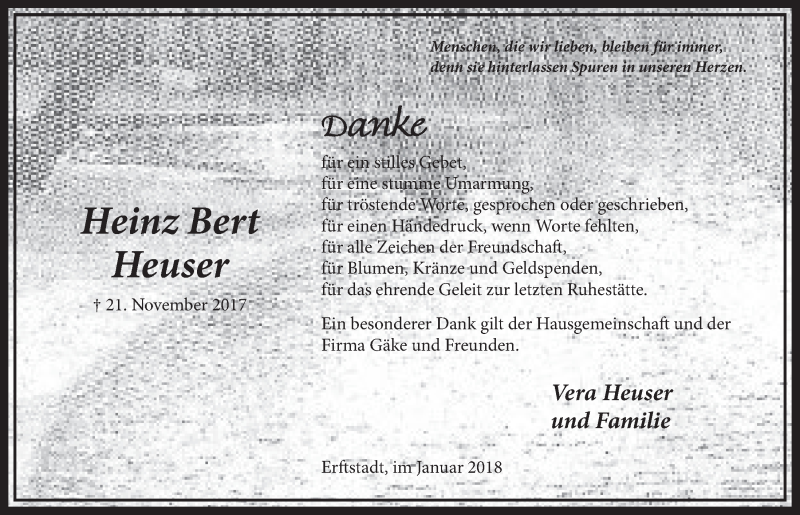  Traueranzeige für Heinz Bert Heuser vom 03.01.2018 aus  Werbepost 