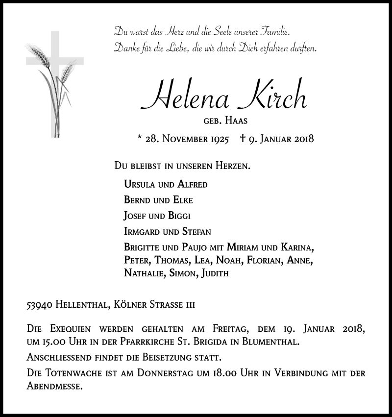  Traueranzeige für Helena Kirch vom 13.01.2018 aus Kölner Stadt-Anzeiger / Kölnische Rundschau / Express
