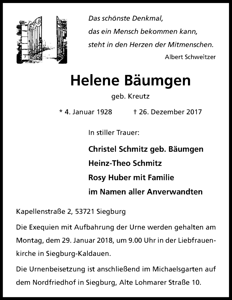  Traueranzeige für Helene Bäumgen vom 20.01.2018 aus Kölner Stadt-Anzeiger / Kölnische Rundschau / Express