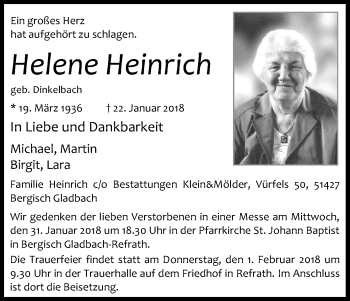 Anzeige von Helene Heinrich von Kölner Stadt-Anzeiger / Kölnische Rundschau / Express