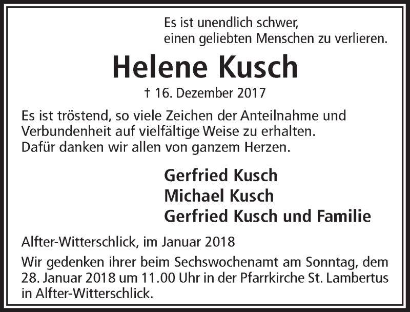  Traueranzeige für Helene Kusch vom 17.01.2018 aus  Schaufenster/Blickpunkt 