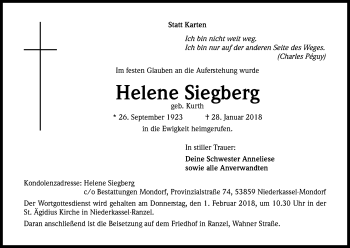 Anzeige von Helene Siegberg von Kölner Stadt-Anzeiger / Kölnische Rundschau / Express
