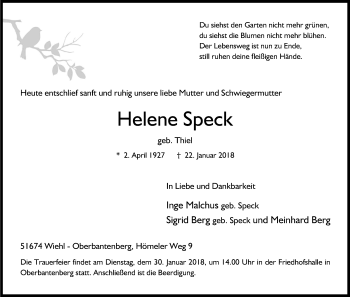 Anzeige von Helene Speck von Kölner Stadt-Anzeiger / Kölnische Rundschau / Express