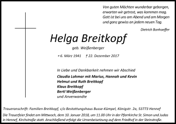 Anzeige von Helga Breitkopf von Kölner Stadt-Anzeiger / Kölnische Rundschau / Express