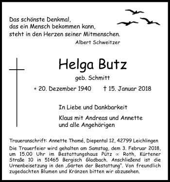 Anzeige von Helga Butz von Kölner Stadt-Anzeiger / Kölnische Rundschau / Express