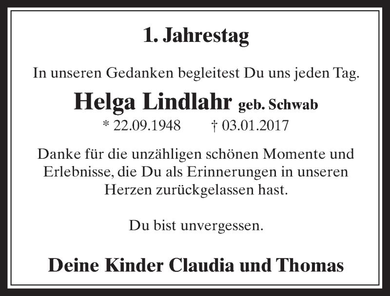  Traueranzeige für Helga Lindlahr vom 03.01.2018 aus  Werbepost 