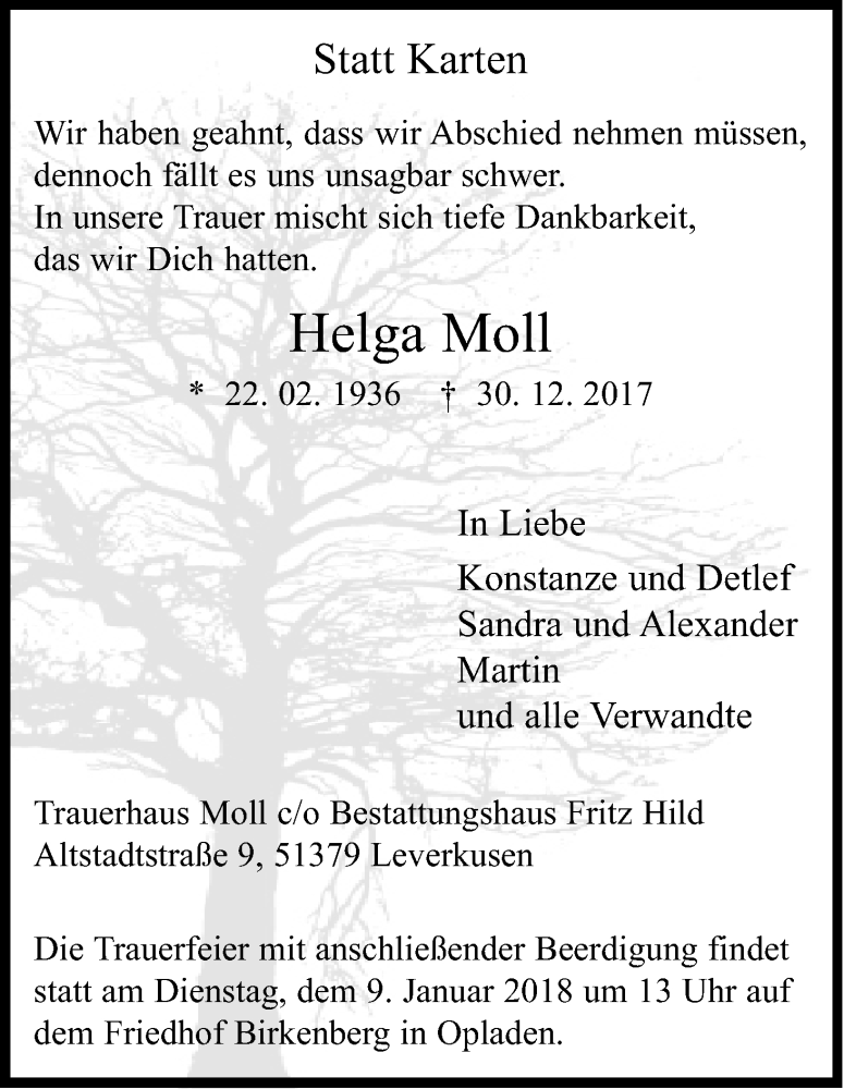  Traueranzeige für Helga Moll vom 06.01.2018 aus Kölner Stadt-Anzeiger / Kölnische Rundschau / Express