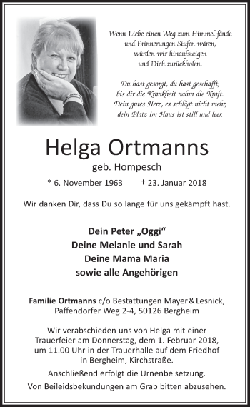 Anzeige von Helga Ortmanns von  Sonntags-Post 