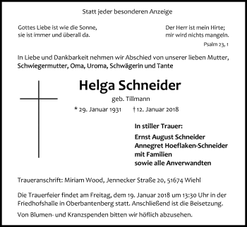Anzeige von Helga Schneider von Kölner Stadt-Anzeiger / Kölnische Rundschau / Express
