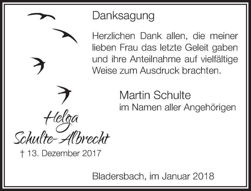  Traueranzeige für Helga Schulte-Albrecht vom 24.01.2018 aus  Lokalanzeiger 