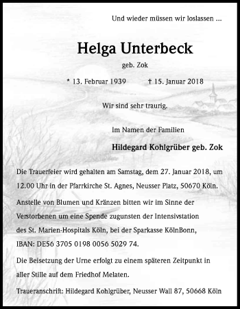 Anzeige von Helga Unterbeck von Kölner Stadt-Anzeiger / Kölnische Rundschau / Express