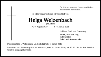 Anzeige von Helga Welzenbach von Kölner Stadt-Anzeiger / Kölnische Rundschau / Express