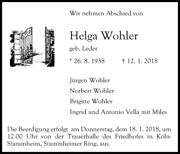Anzeige von Helga Wohler von Kölner Stadt-Anzeiger / Kölnische Rundschau / Express