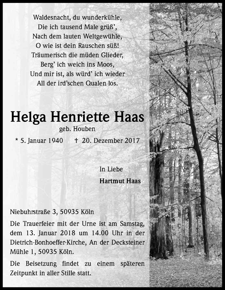  Traueranzeige für Helga Henriette Haas vom 06.01.2018 aus Kölner Stadt-Anzeiger / Kölnische Rundschau / Express