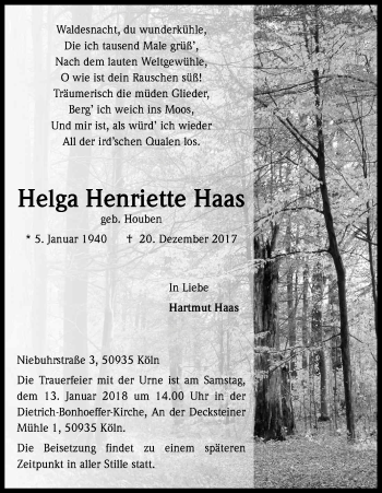 Anzeige von Helga Henriette Haas von Kölner Stadt-Anzeiger / Kölnische Rundschau / Express