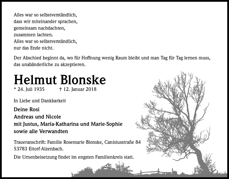  Traueranzeige für Helmut Blonske vom 19.01.2018 aus Kölner Stadt-Anzeiger / Kölnische Rundschau / Express