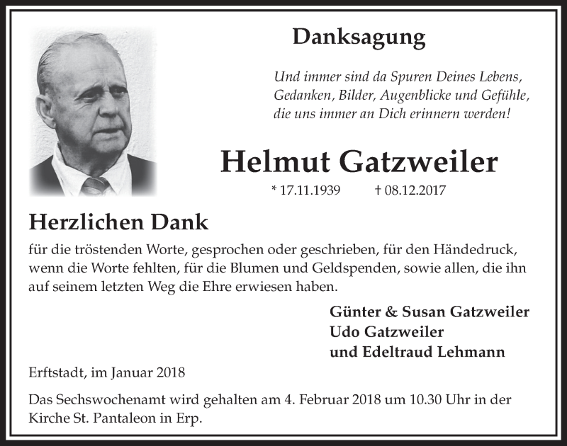 Traueranzeige für Helmut Gatzweiler vom 27.01.2018 aus  Sonntags-Post 