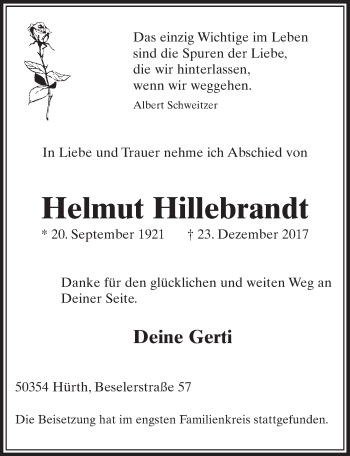 Anzeige von Helmut Hillebrandt von  Sonntags-Post 