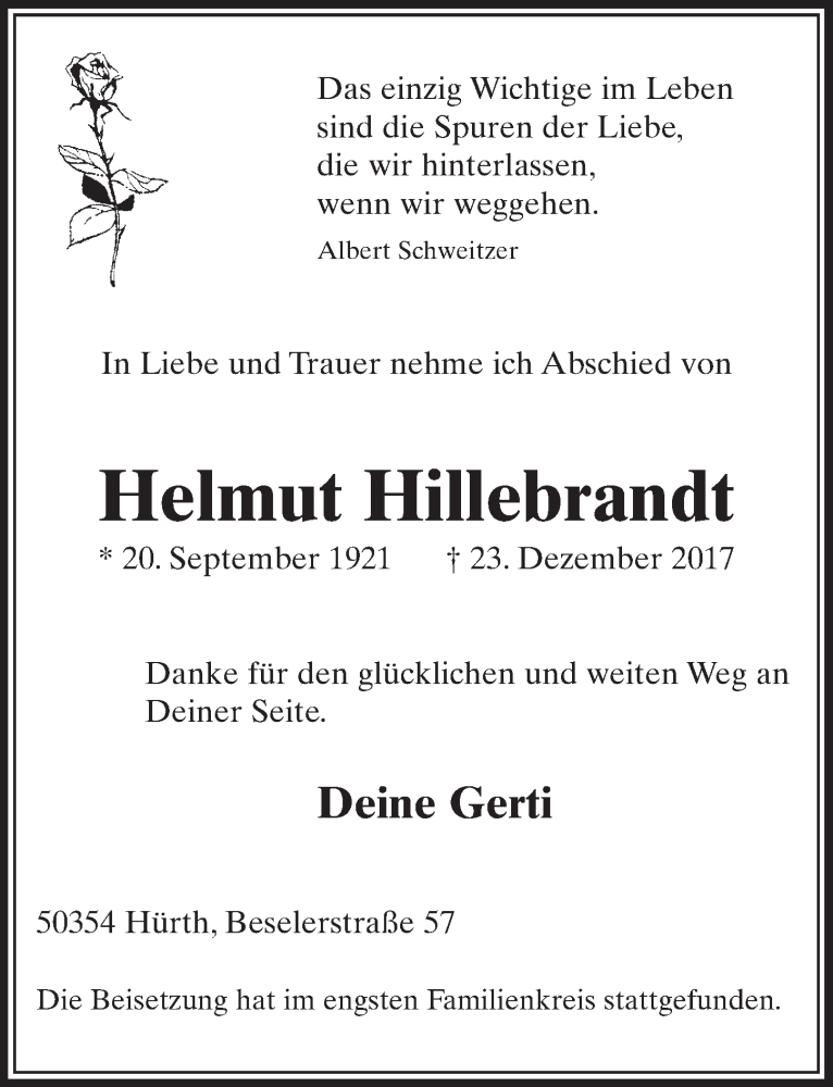  Traueranzeige für Helmut Hillebrandt vom 06.01.2018 aus  Sonntags-Post 