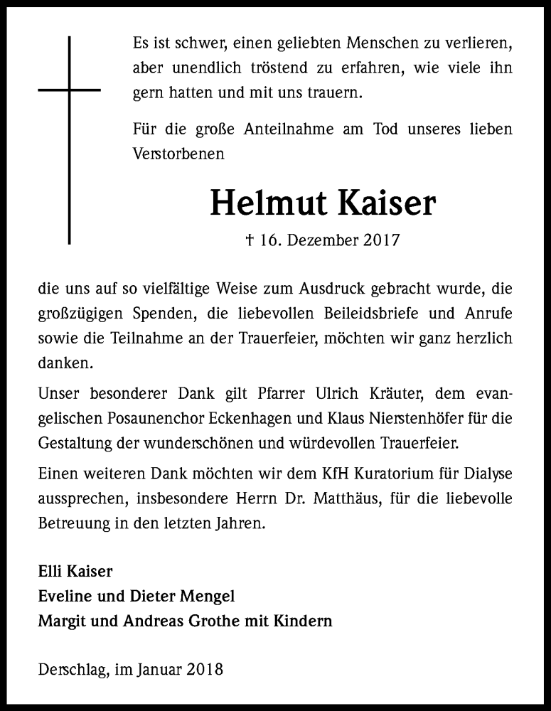  Traueranzeige für Helmut Kaiser vom 31.01.2018 aus Kölner Stadt-Anzeiger / Kölnische Rundschau / Express