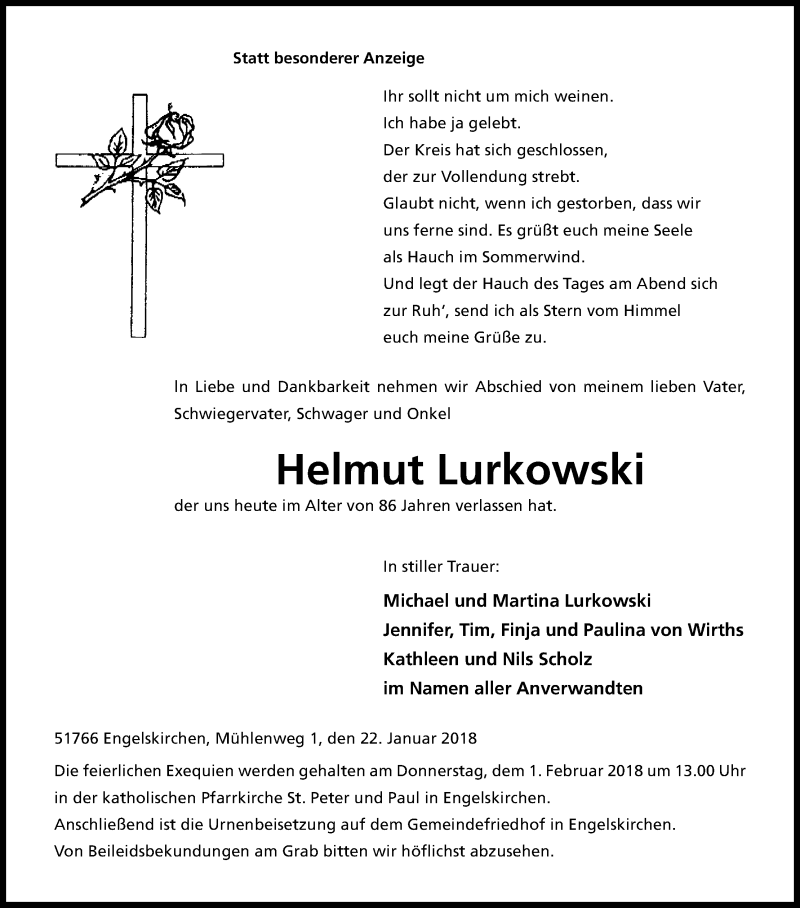  Traueranzeige für Helmut Lurkowski vom 26.01.2018 aus Kölner Stadt-Anzeiger / Kölnische Rundschau / Express