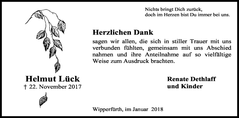  Traueranzeige für Helmut Lück vom 06.01.2018 aus Kölner Stadt-Anzeiger / Kölnische Rundschau / Express