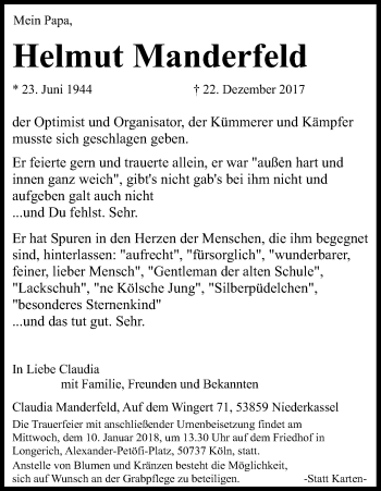 Anzeige von Helmut Manderfeld von Kölner Stadt-Anzeiger / Kölnische Rundschau / Express