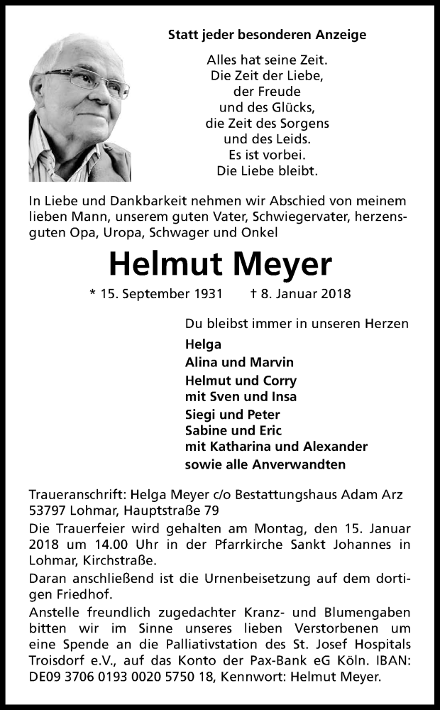  Traueranzeige für Helmut Meyer vom 11.01.2018 aus Kölner Stadt-Anzeiger / Kölnische Rundschau / Express