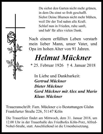 Anzeige von Helmut Mückner von  Kölner Wochenspiegel 