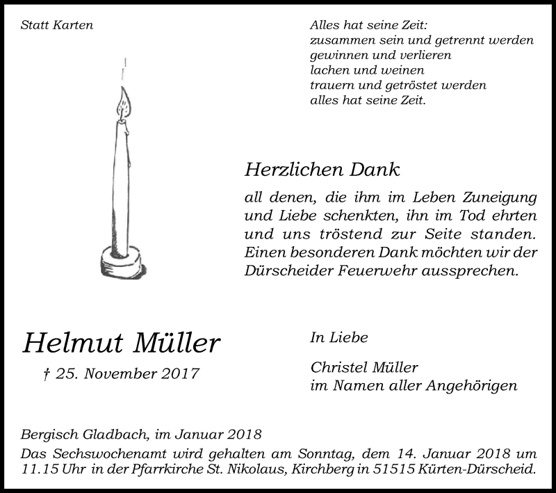  Traueranzeige für Helmut Müller vom 06.01.2018 aus Kölner Stadt-Anzeiger / Kölnische Rundschau / Express