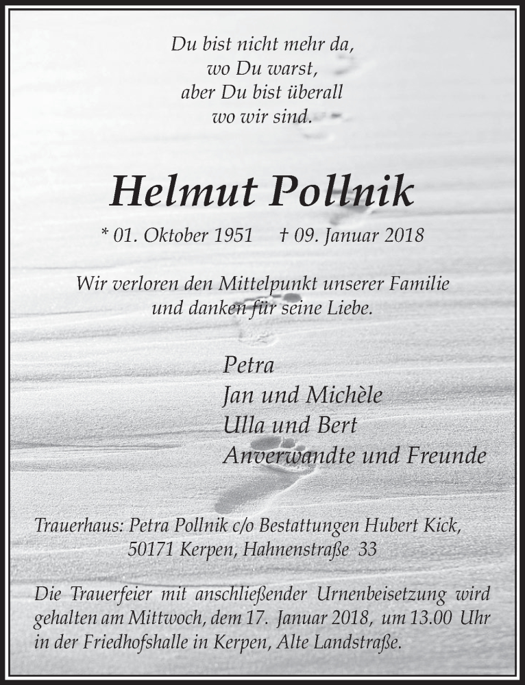  Traueranzeige für Helmut Pollnik vom 13.01.2018 aus  Sonntags-Post 