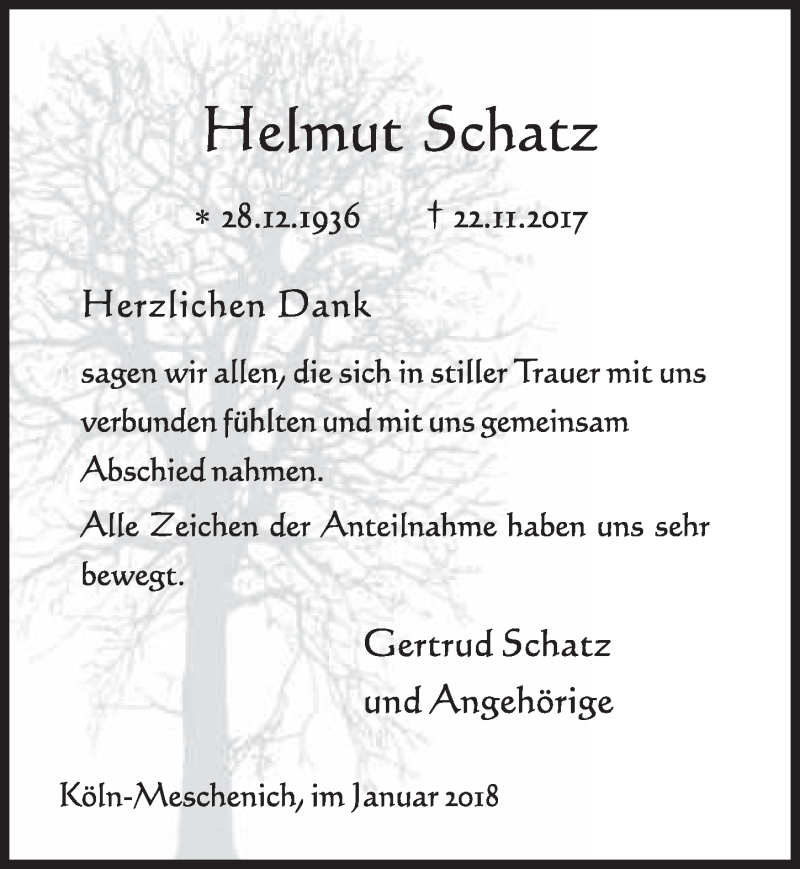  Traueranzeige für Helmut Schatz vom 03.01.2018 aus  Schlossbote/Werbekurier 