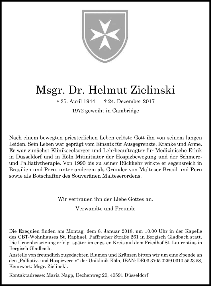  Traueranzeige für Helmut Zielinski vom 03.01.2018 aus Kölner Stadt-Anzeiger / Kölnische Rundschau / Express