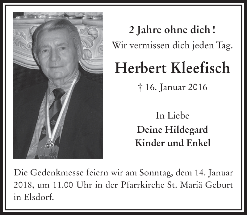  Traueranzeige für Herbert Kleefisch vom 10.01.2018 aus  Werbepost 