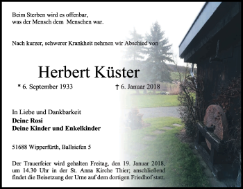 Anzeige von Herbert Küster von Kölner Stadt-Anzeiger / Kölnische Rundschau / Express