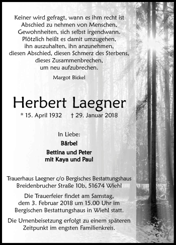 Anzeige von Herbert Laegner von Kölner Stadt-Anzeiger / Kölnische Rundschau / Express