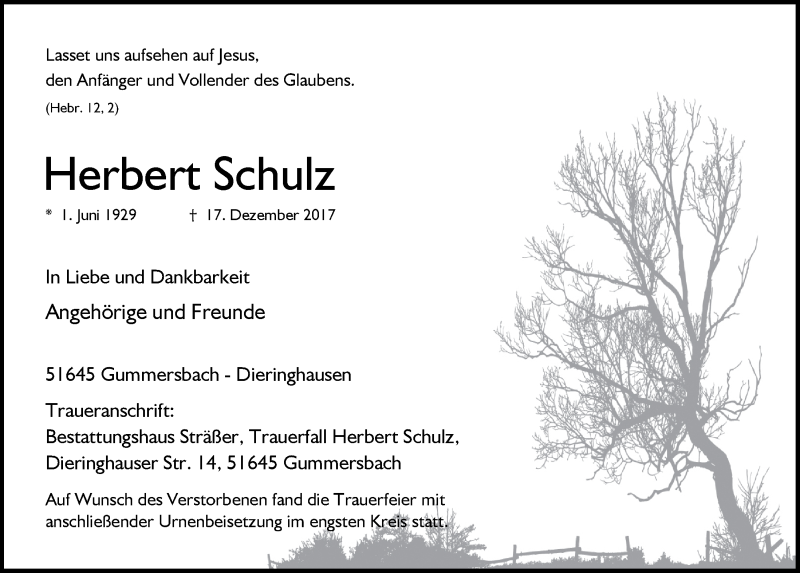  Traueranzeige für Herbert Schulz vom 17.01.2018 aus  Anzeigen Echo 