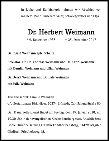 Anzeige von Herbert Weimann von Kölner Stadt-Anzeiger / Kölnische Rundschau / Express