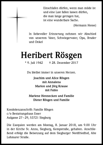 Anzeige von Heribert Rösgen von Kölner Stadt-Anzeiger / Kölnische Rundschau / Express