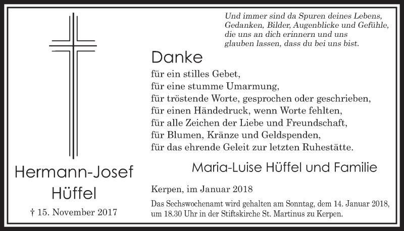  Traueranzeige für Hermann-Josef Hüffel vom 06.01.2018 aus  Sonntags-Post 