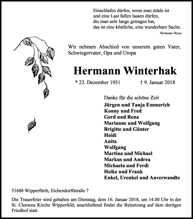  Traueranzeige für Hermann Winterhak vom 12.01.2018 aus Kölner Stadt-Anzeiger / Kölnische Rundschau / Express