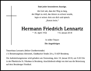 Anzeige von Hermann Friedrich Lennartz von Kölner Stadt-Anzeiger / Kölnische Rundschau / Express