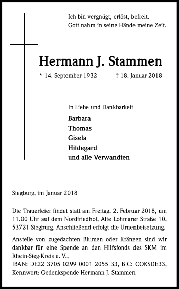 Anzeige von Hermann J. Stammen von Kölner Stadt-Anzeiger / Kölnische Rundschau / Express