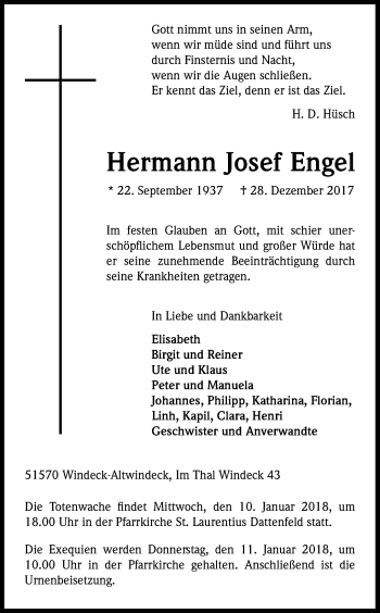 Anzeige von Hermann Josef Engel von Kölner Stadt-Anzeiger / Kölnische Rundschau / Express